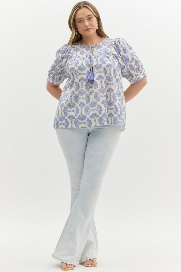 Rowan Printed Tassel Neck Top, Blue | Extended Sizes