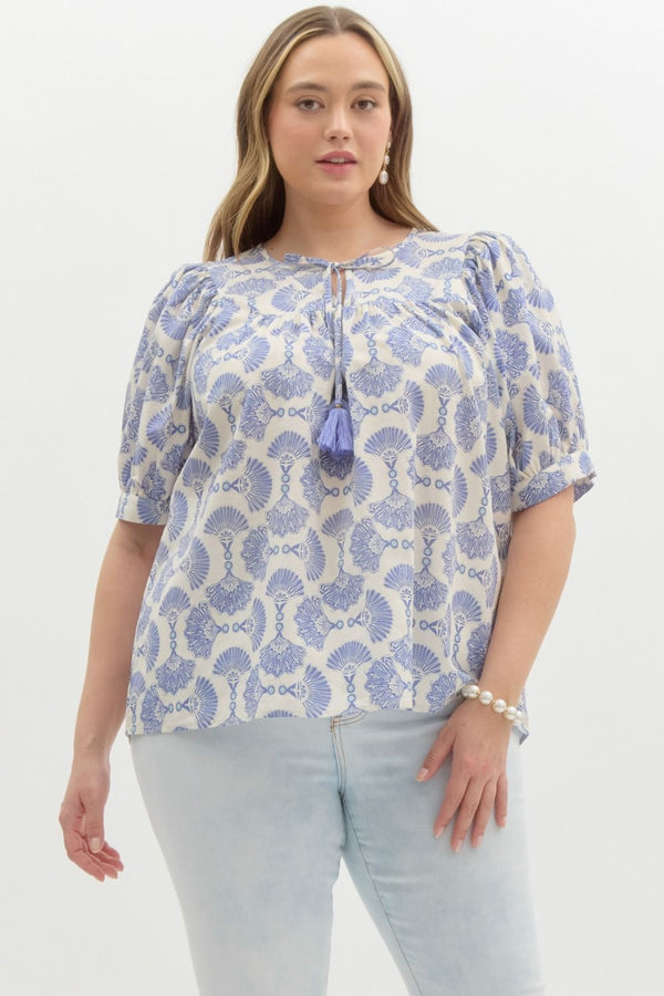 Rowan Printed Tassel Neck Top, Blue | Extended Sizes