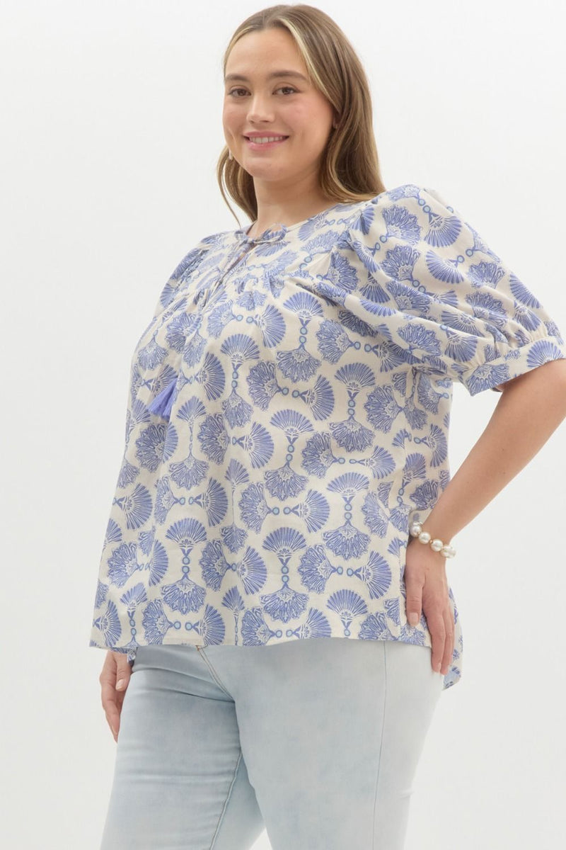 Rowan Printed Tassel Neck Top, Blue | Extended Sizes