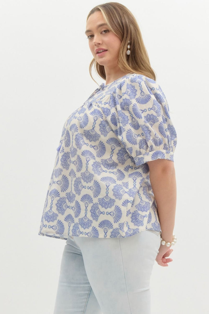 Rowan Printed Tassel Neck Top, Blue | Extended Sizes