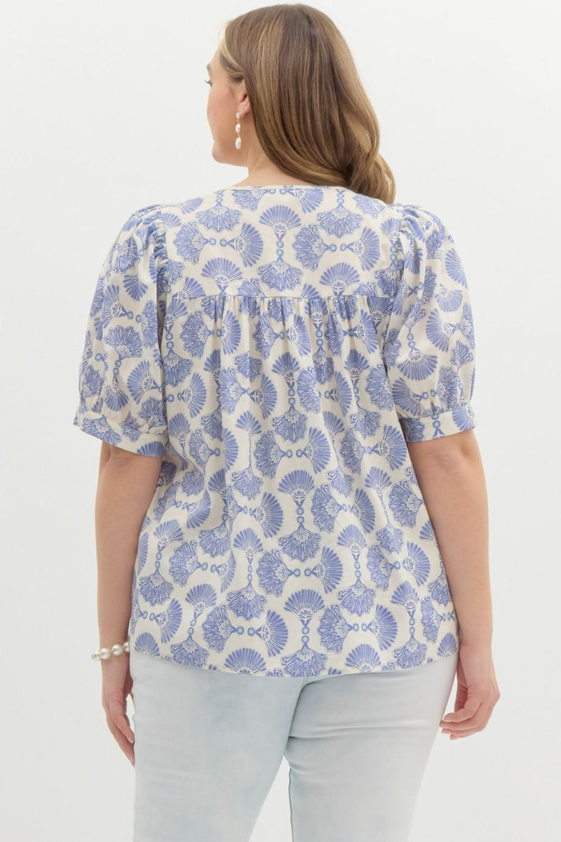 Rowan Printed Tassel Neck Top, Blue | Extended Sizes