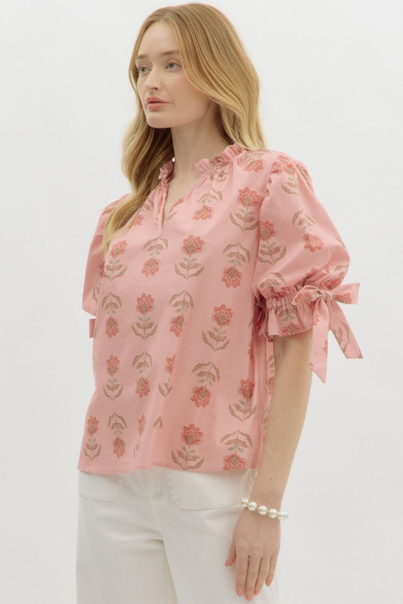 Athena Floral Print Ruffle Neck Top, Salmon