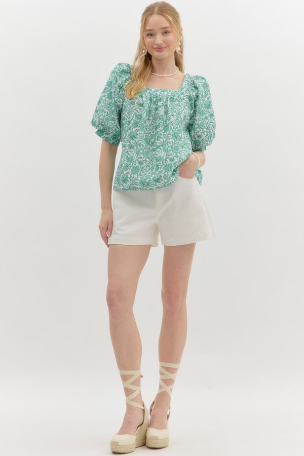 Rosalie Floral Square Neck Top, Green