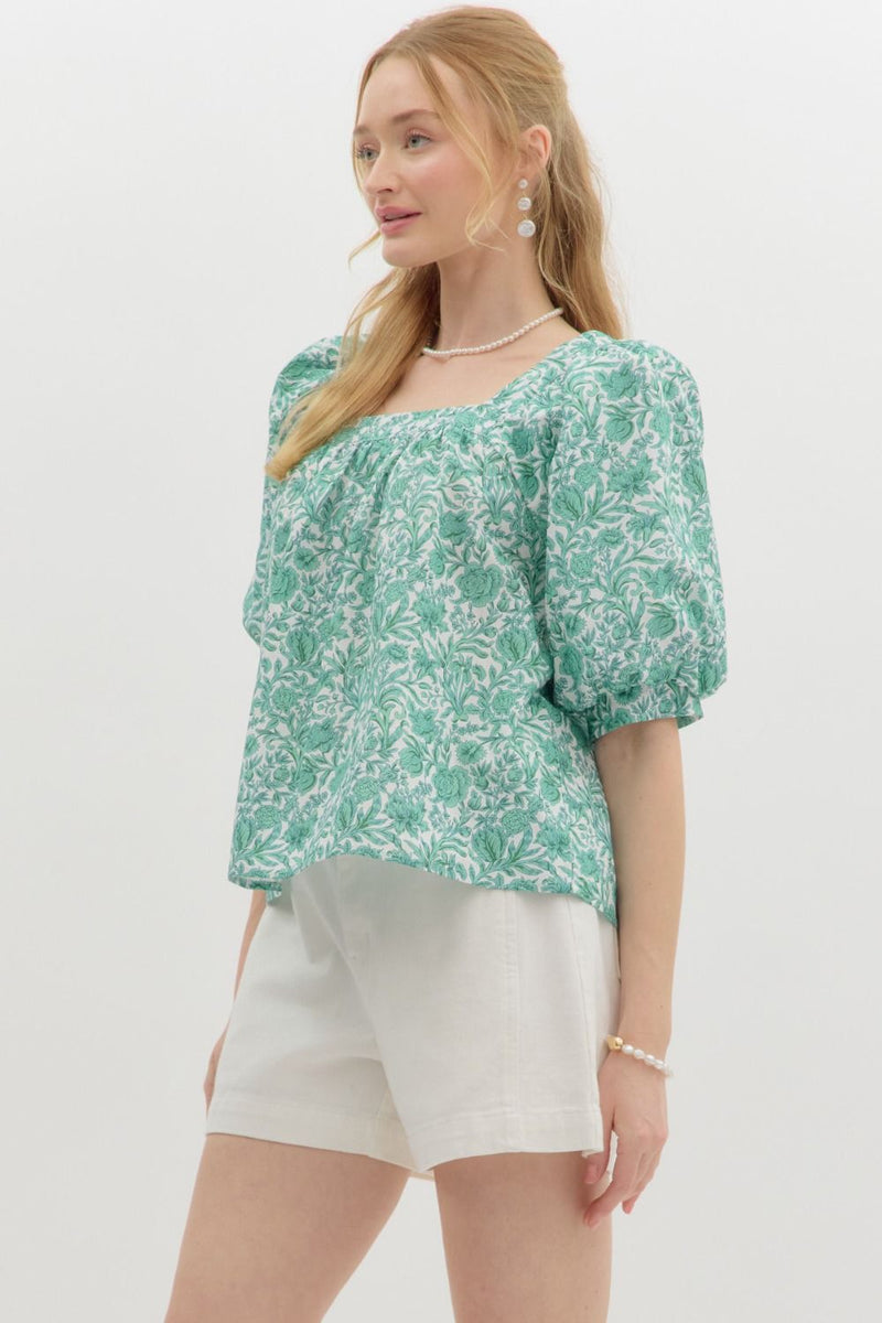 Rosalie Floral Square Neck Top, Green