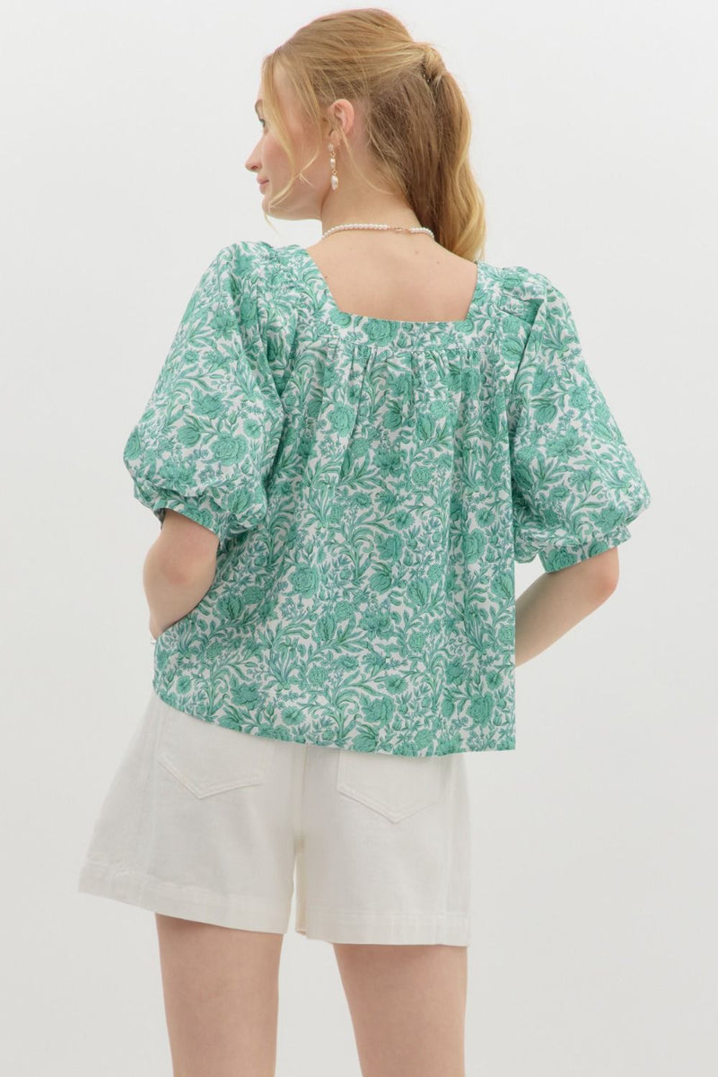 Rosalie Floral Square Neck Top, Green