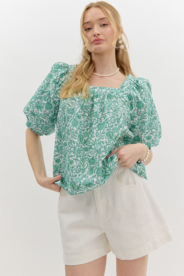 Rosalie Floral Square Neck Top, Green