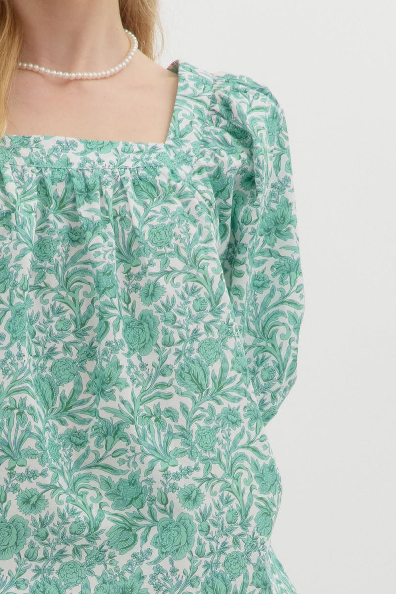 Rosalie Floral Square Neck Top, Green