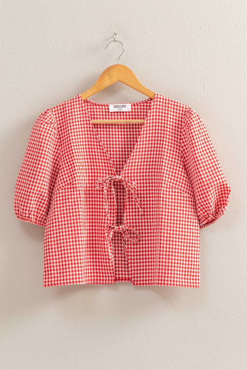 Murphy Gingham Tie Front Blouse, Red