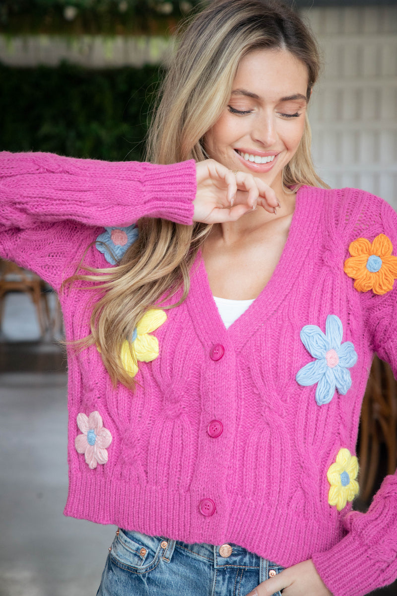 Tyra Flower Cardigan, Hot Pink