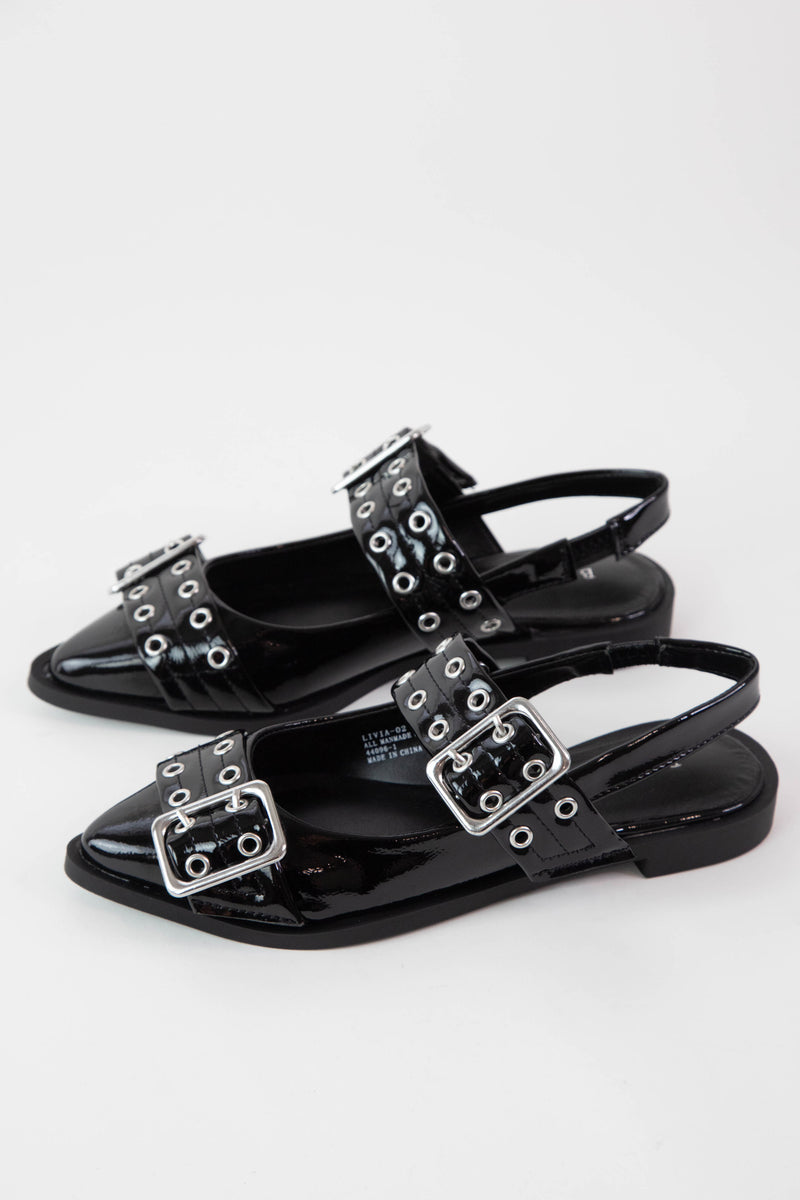 Livia Slingback Flat, Black Patent