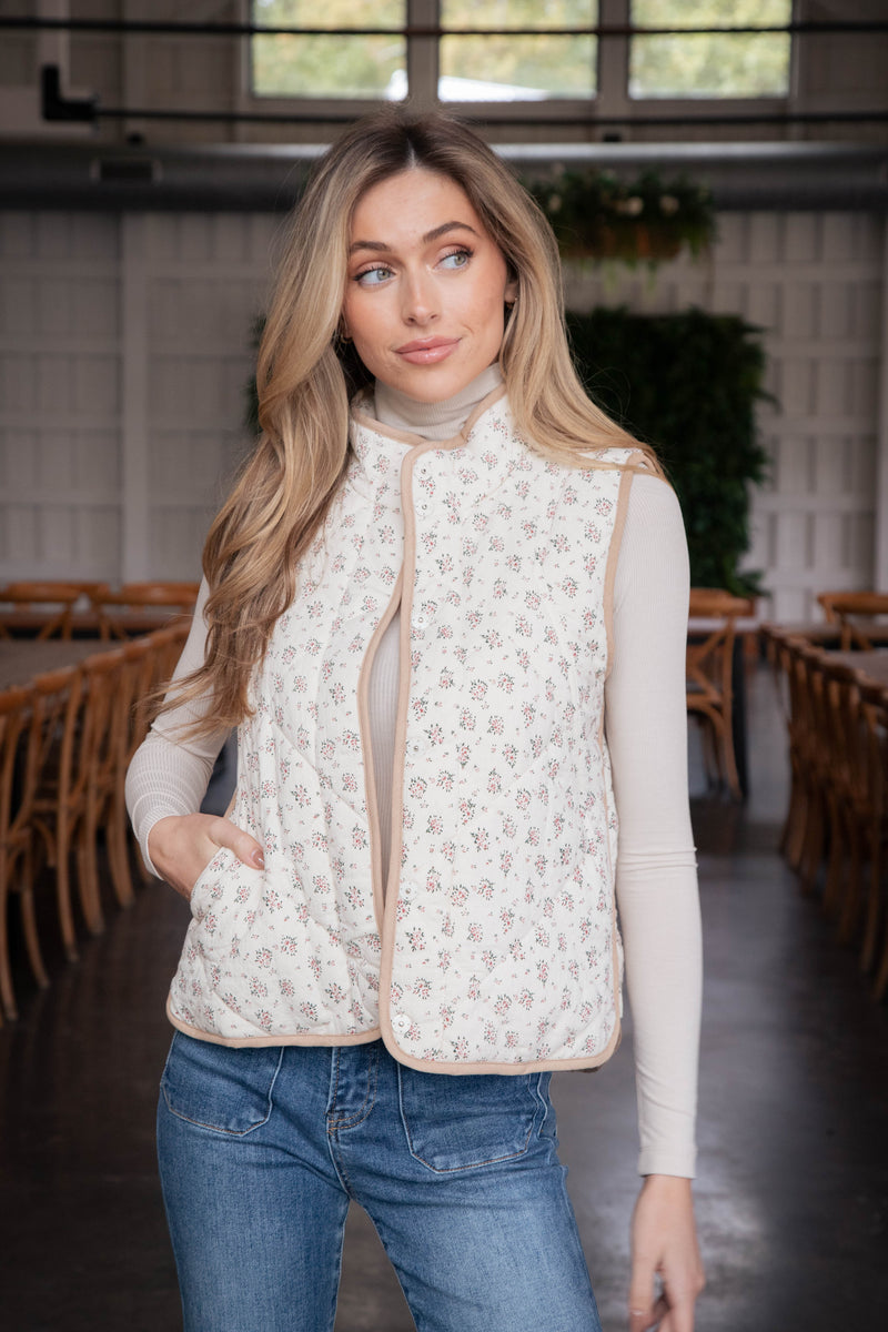 Adelle Floral Print Quilted Vest, Cream