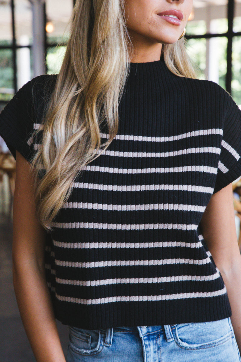 Leia Striped Funnel Neck Top, Black