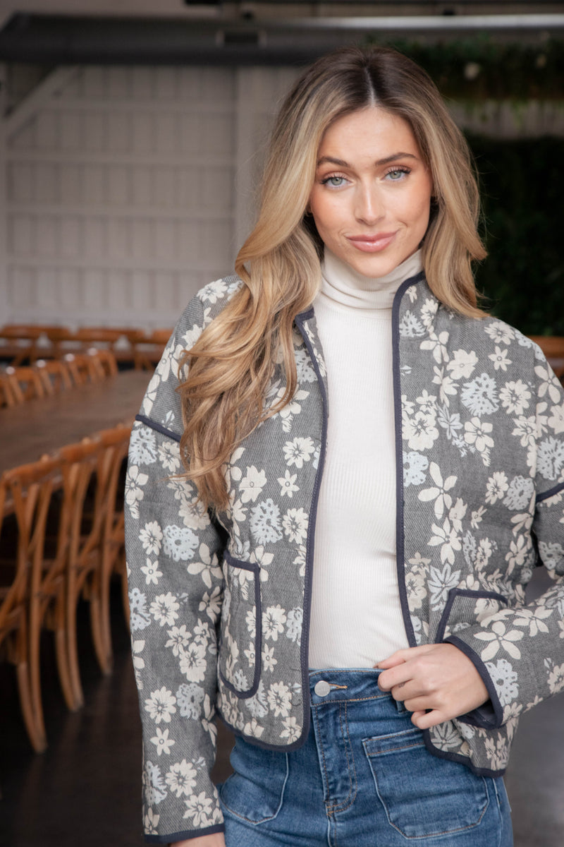 Jaylyn Floral Quilted Jacket, Blue/Ivory/Cream