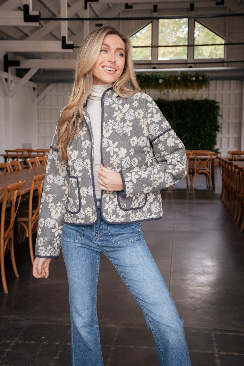 Jaylyn Floral Quilted Jacket, Blue/Ivory/Cream