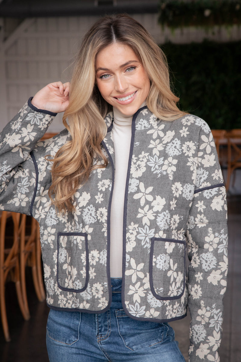 Jaylyn Floral Quilted Jacket, Blue/Ivory/Cream