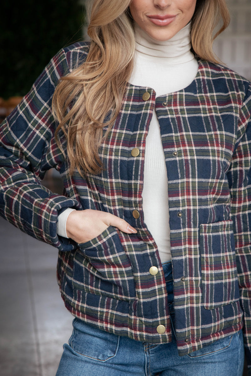 Judith Quilted Plaid Jacket, Navy