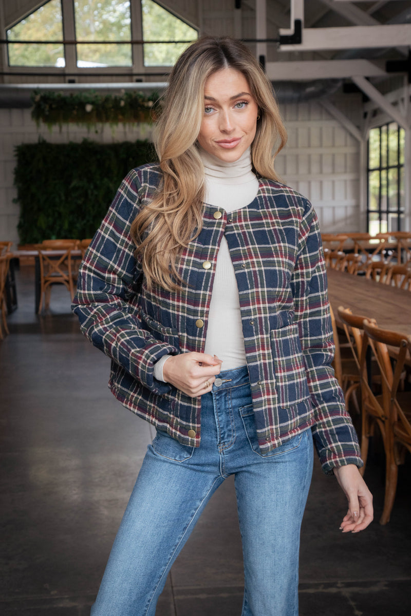 Judith Quilted Plaid Jacket, Navy