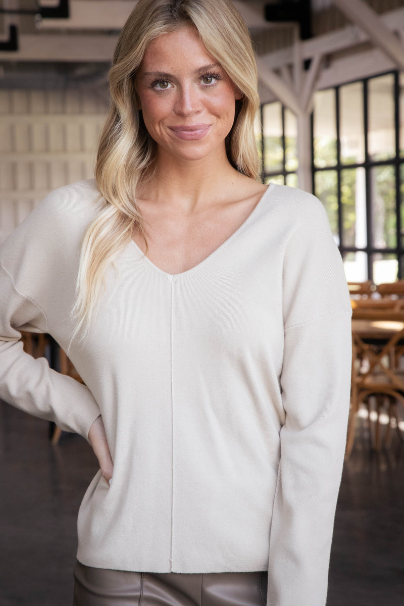 Kiersten V-Neck Seam Detail Sweater, Oatmeal