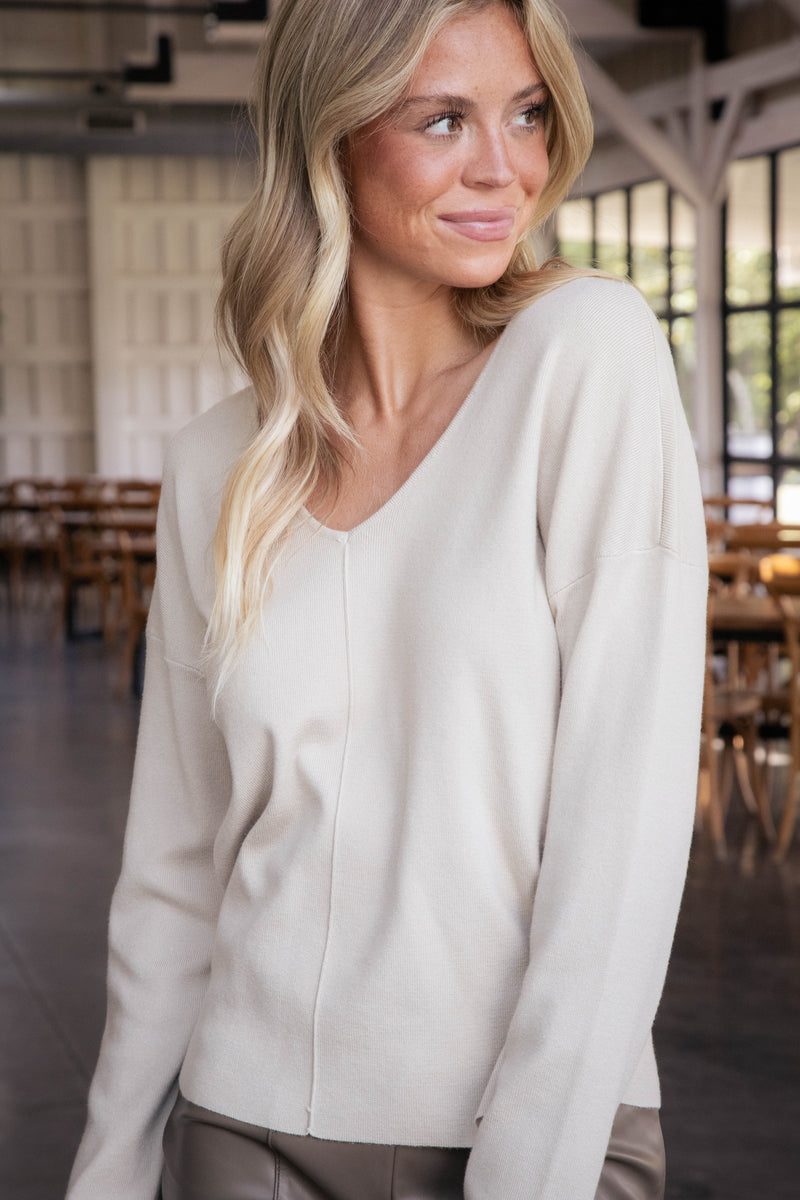 Kiersten V-Neck Seam Detail Sweater, Oatmeal