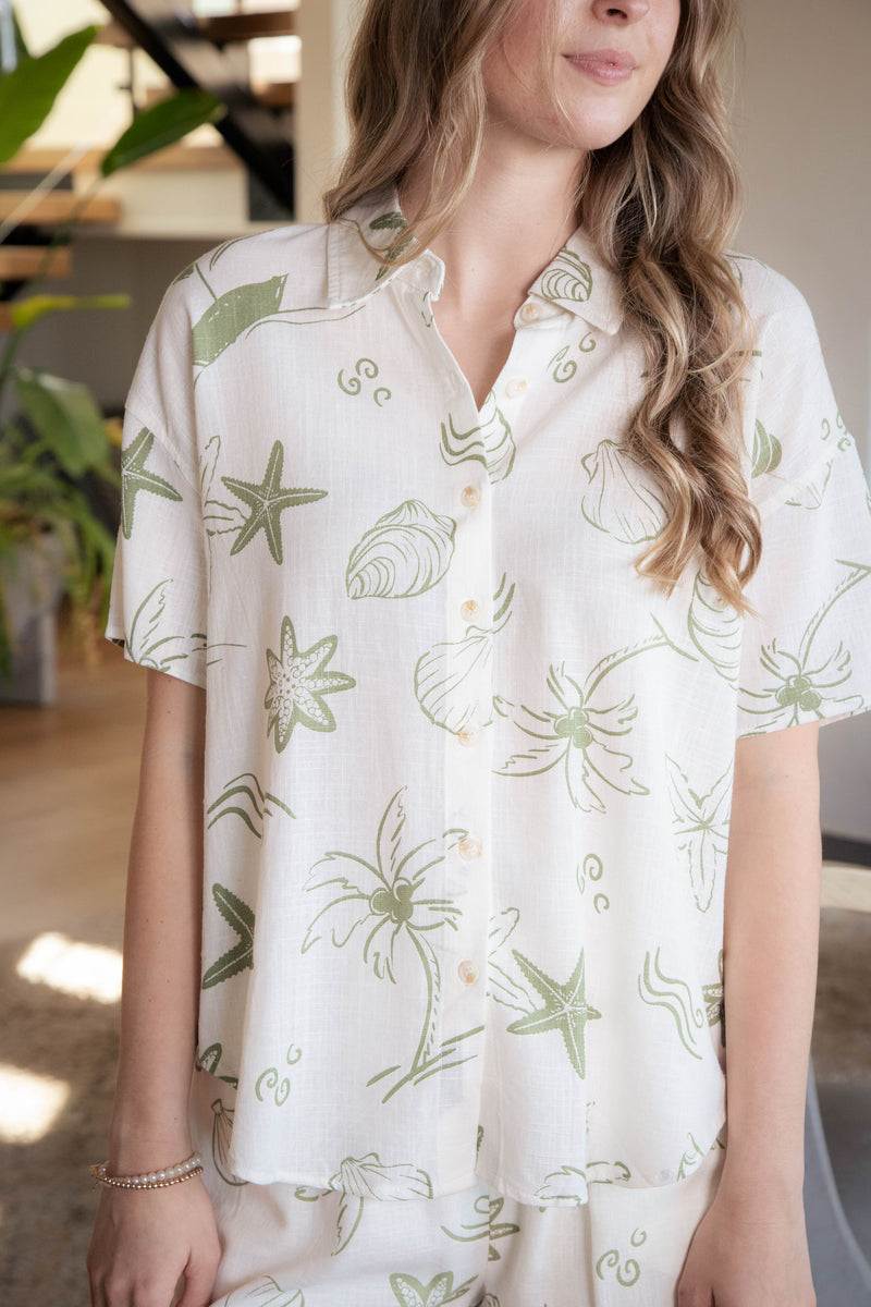 Nola Sea Print Button Down Shirt, Olive