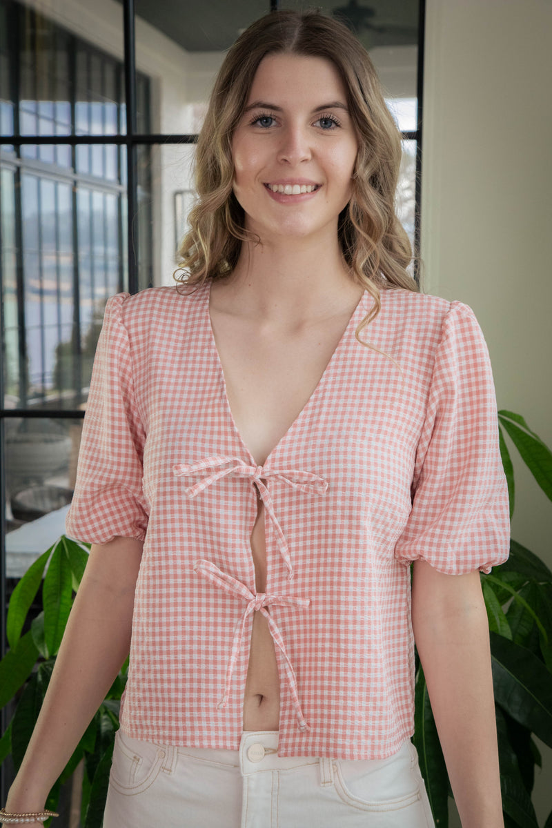 Murphy Gingham Tie Front Blouse, Pink