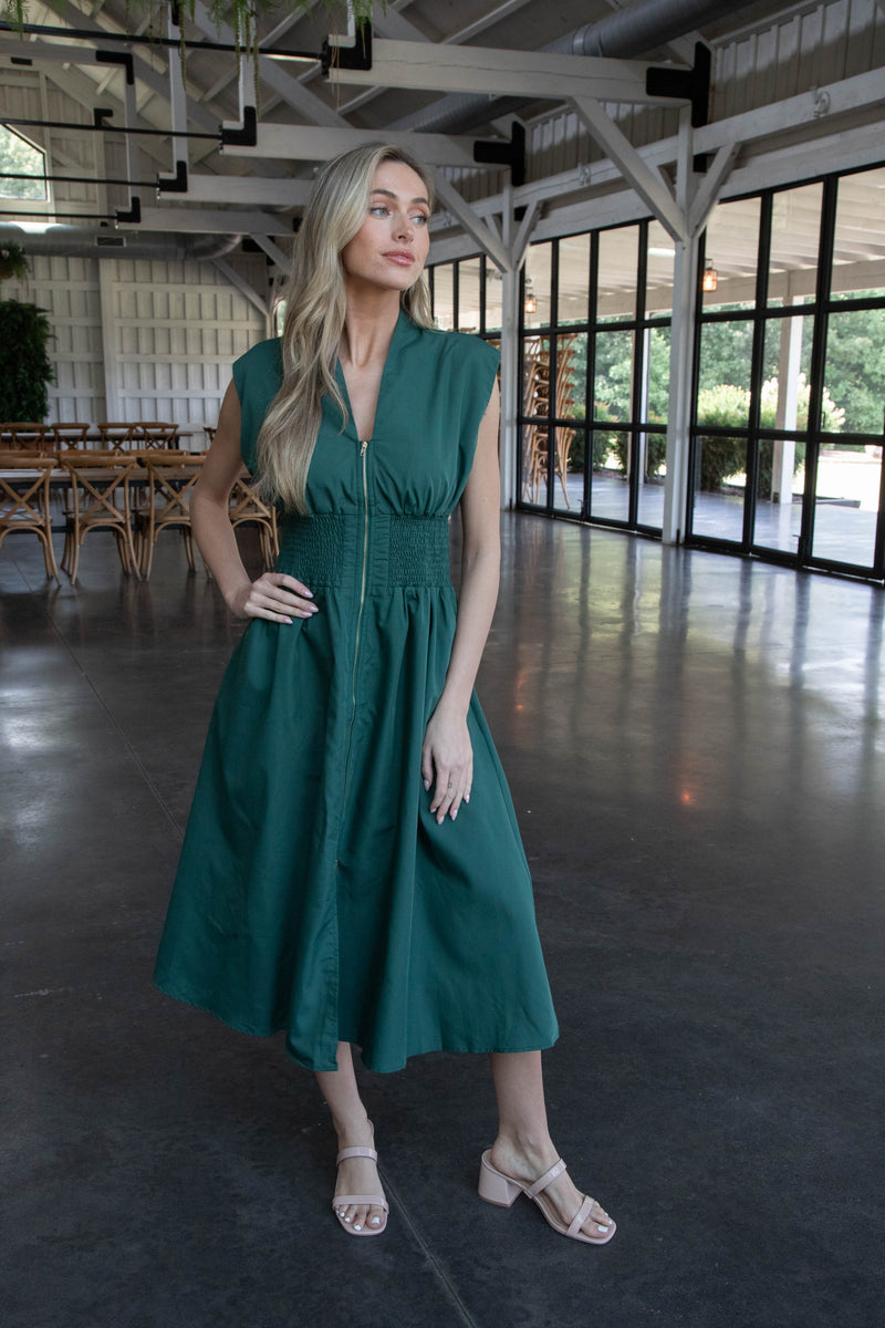 Rylie Solid Zip Up Midi Dress, Hunter Green