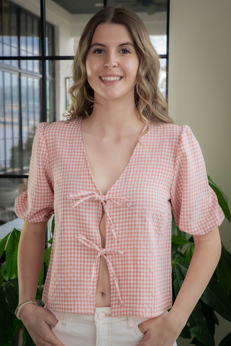 Murphy Gingham Tie Front Blouse, Pink