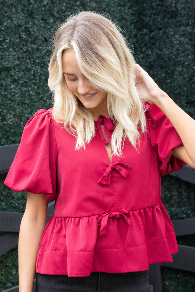 Oaklynn Puff Sleeve Peplum Top, Burgundy