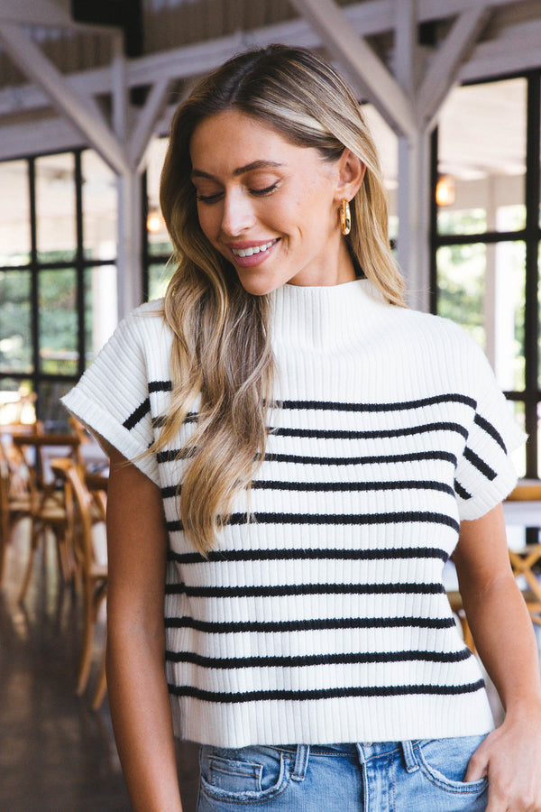 Leia Striped Funnel Neck Top, Ivory