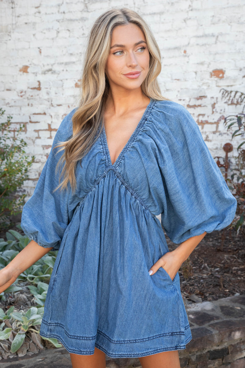 Emry Puff Sleeve Denim Dress, Medium Denim