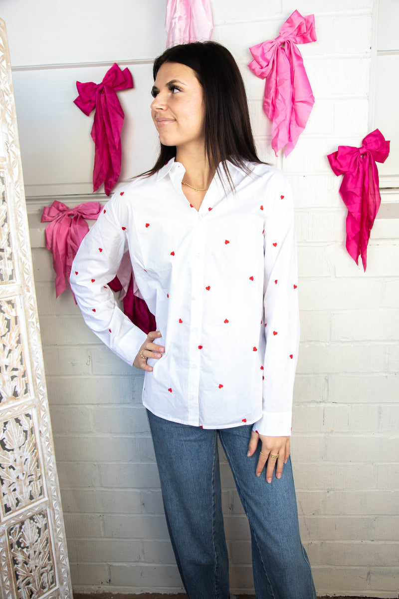 Sloane Heart Embroidered Shirt, White/Red