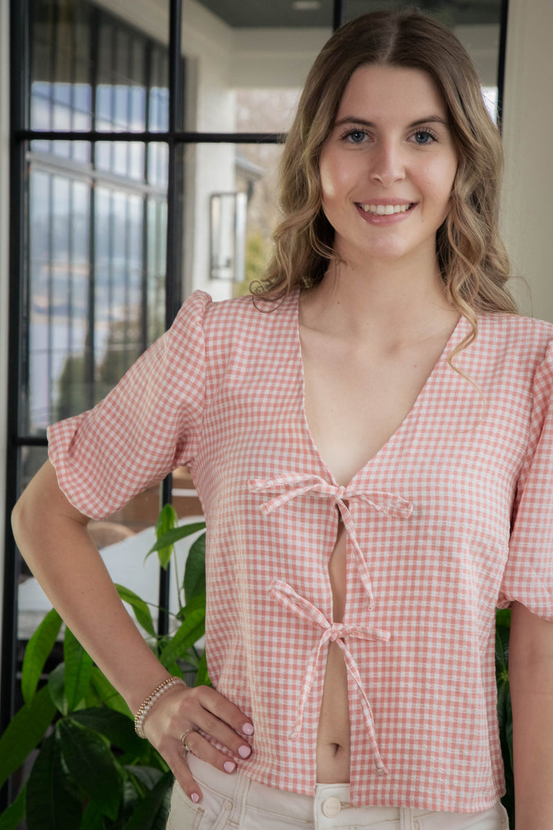 Murphy Gingham Tie Front Blouse, Pink