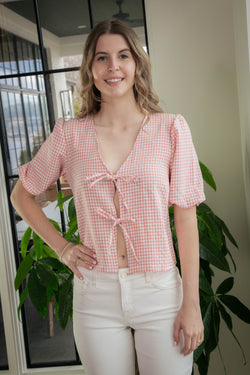 Murphy Gingham Tie Front Blouse, Pink