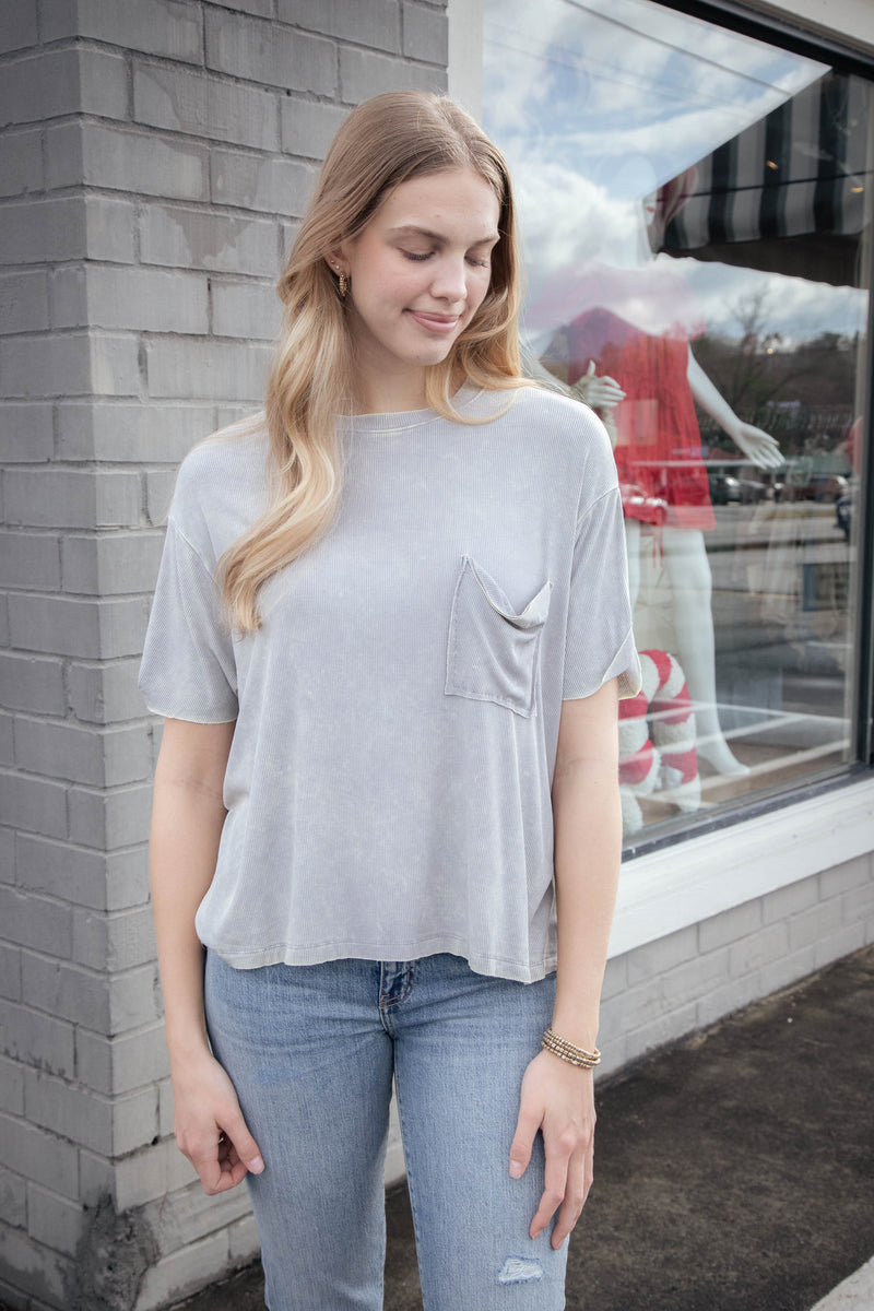 Mackenzie Ribbed Pocket Front Top, Sleet