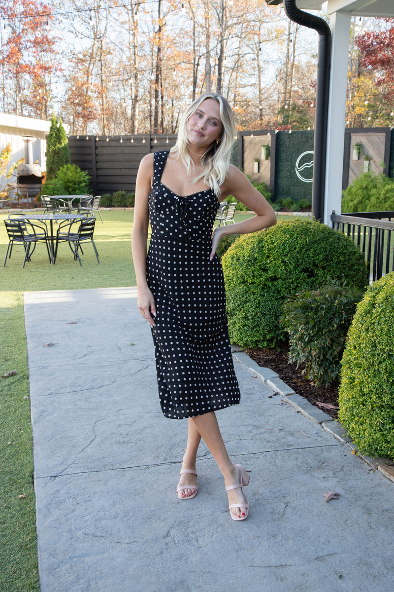 Cami Bustier Midi Dress, Black/Cream Dot