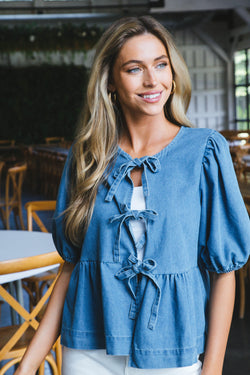 Felicity Puff Sleeve Peplum Blouse, Denim