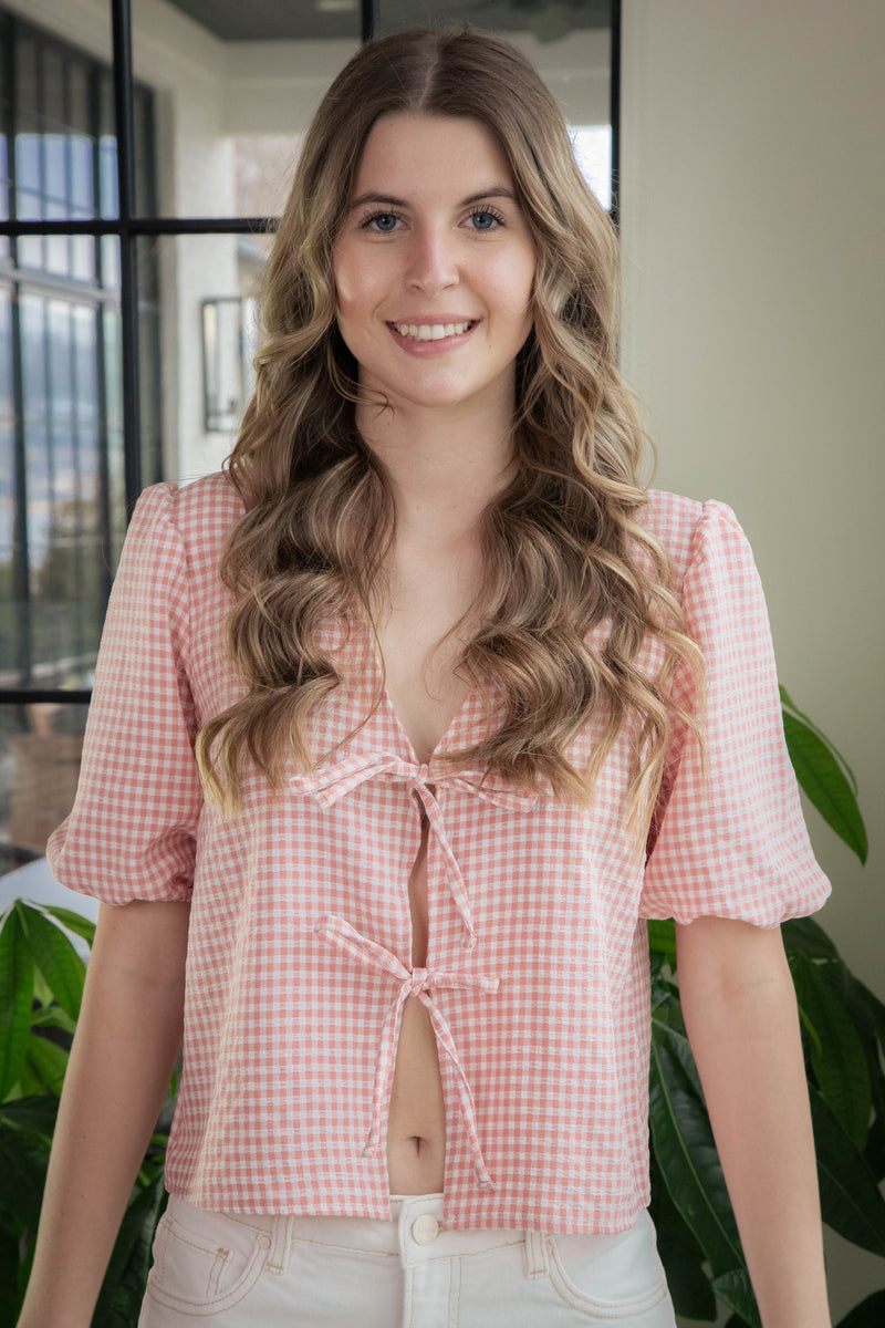 Murphy Gingham Tie Front Blouse, Pink