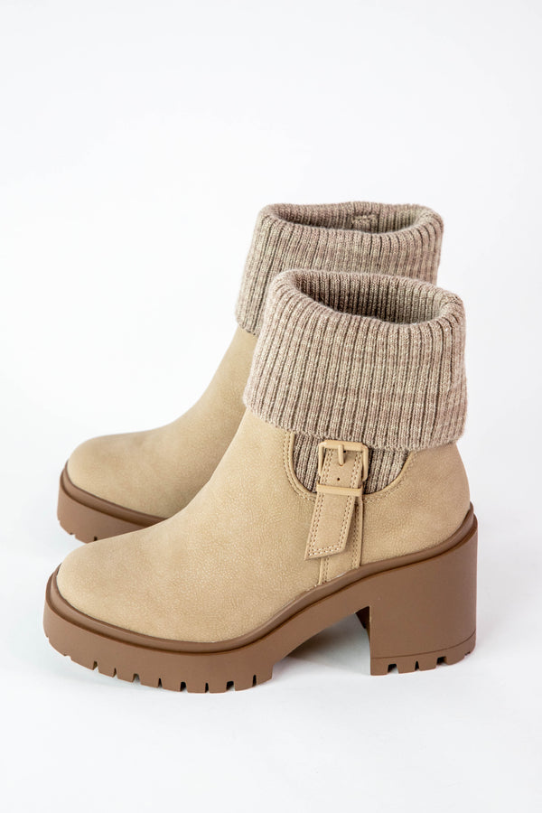 Rhoda Foldover Platform Bootie, Sand Nubuck