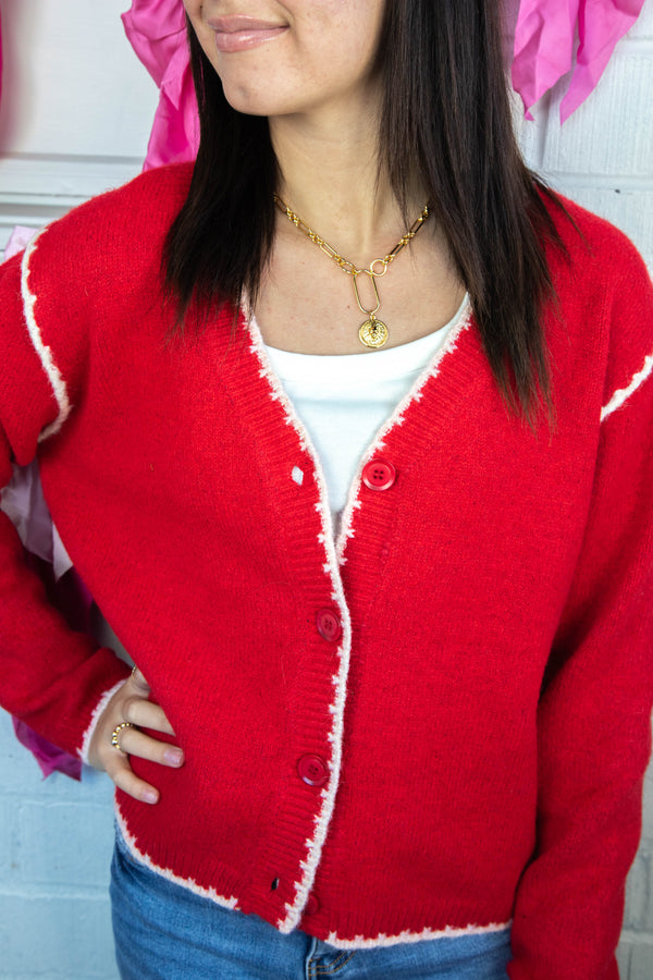 Aeryn Contrast Stitch Edges Cardigan, Red