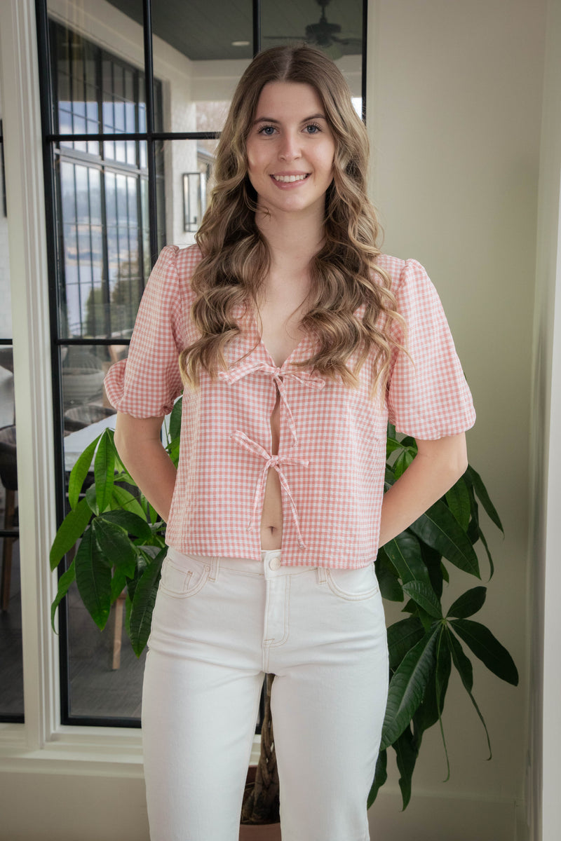 Murphy Gingham Tie Front Blouse, Pink