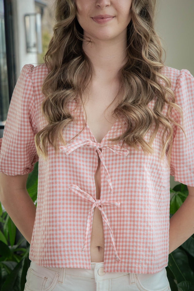 Murphy Gingham Tie Front Blouse, Pink