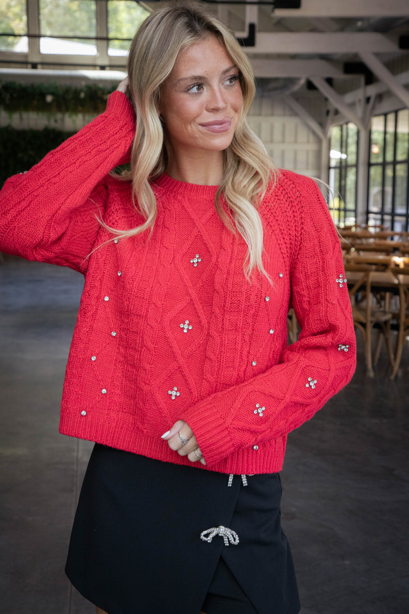 Kasey Rhinestone Detail Sweater, Red