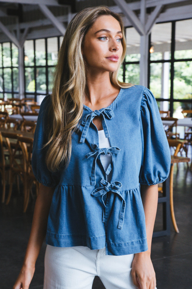 Felicity Puff Sleeve Peplum Blouse, Denim