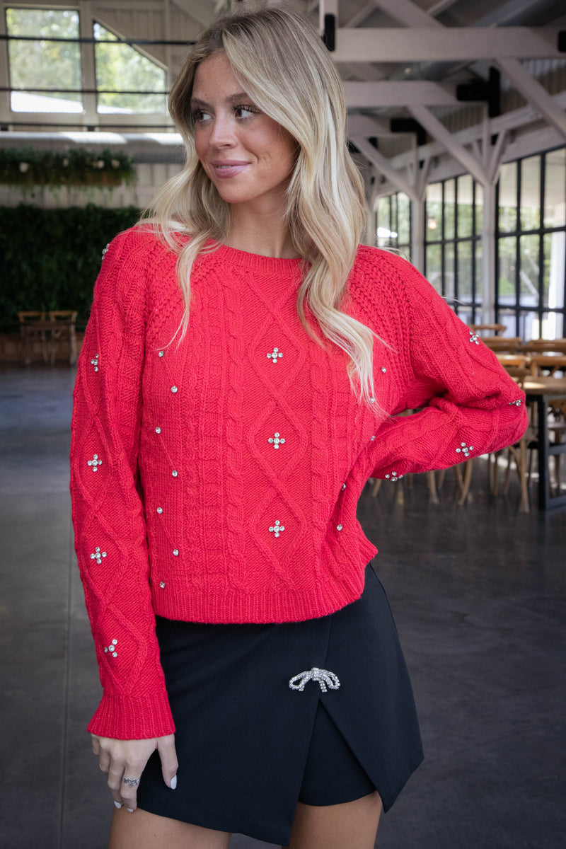 Kasey Rhinestone Detail Sweater, Red