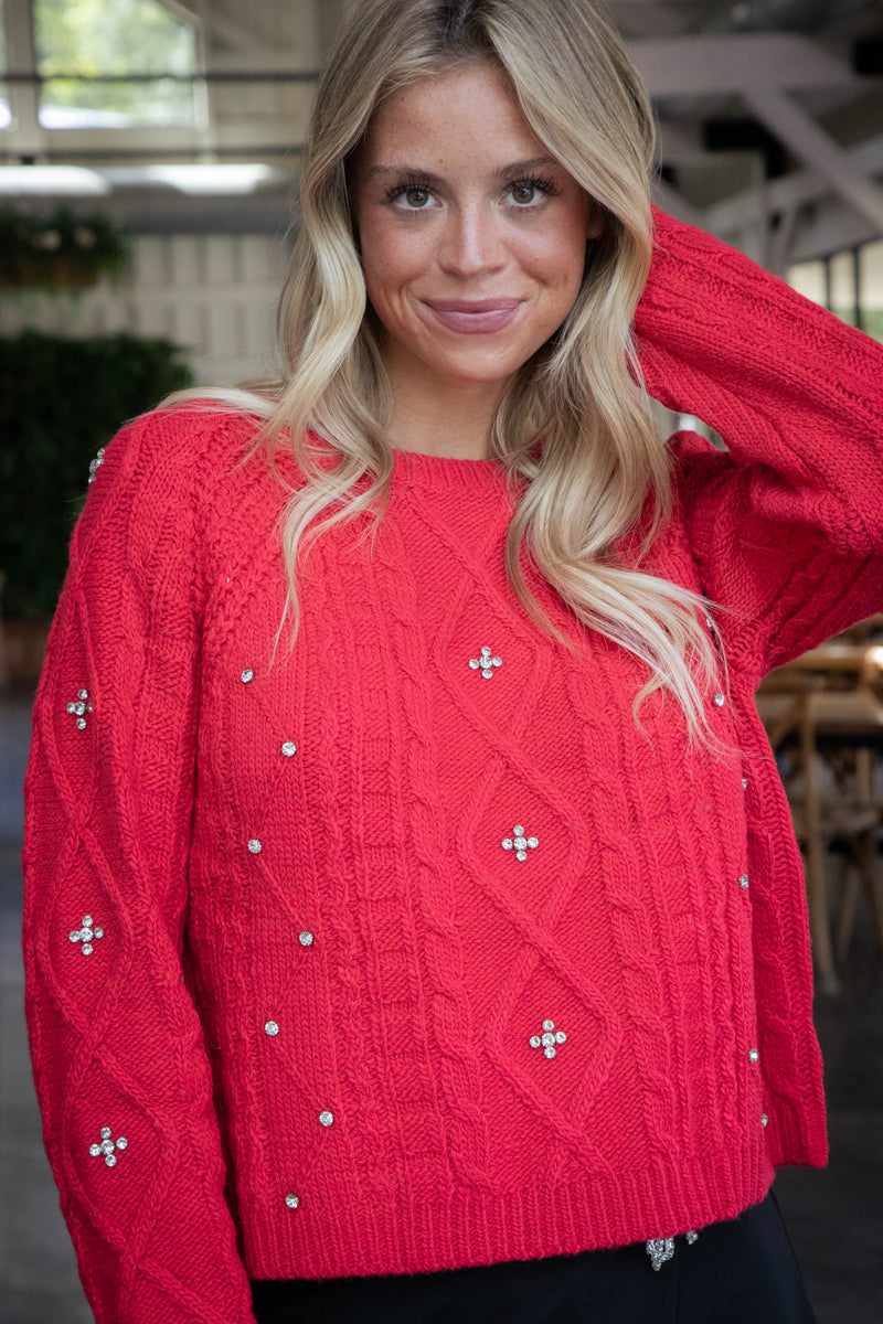 Kasey Rhinestone Detail Sweater, Red