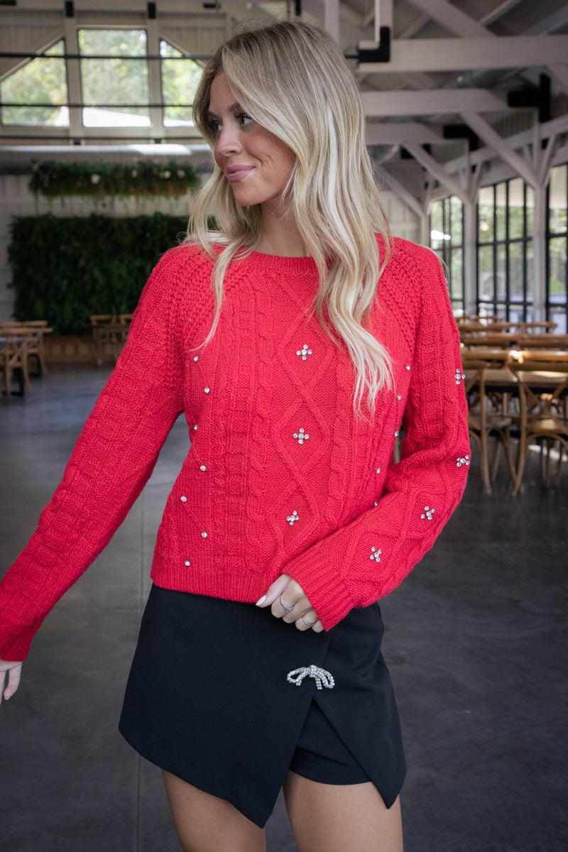 Kasey Rhinestone Detail Sweater, Red