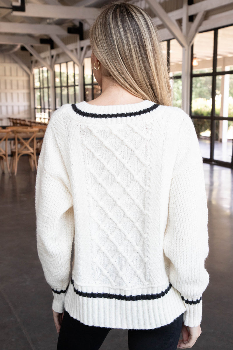 Marilyn Cable Knit Varsity Sweater, Ivory