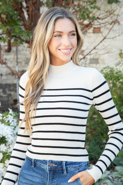 Cayla Striped Rib Knit Sweater, Ivory