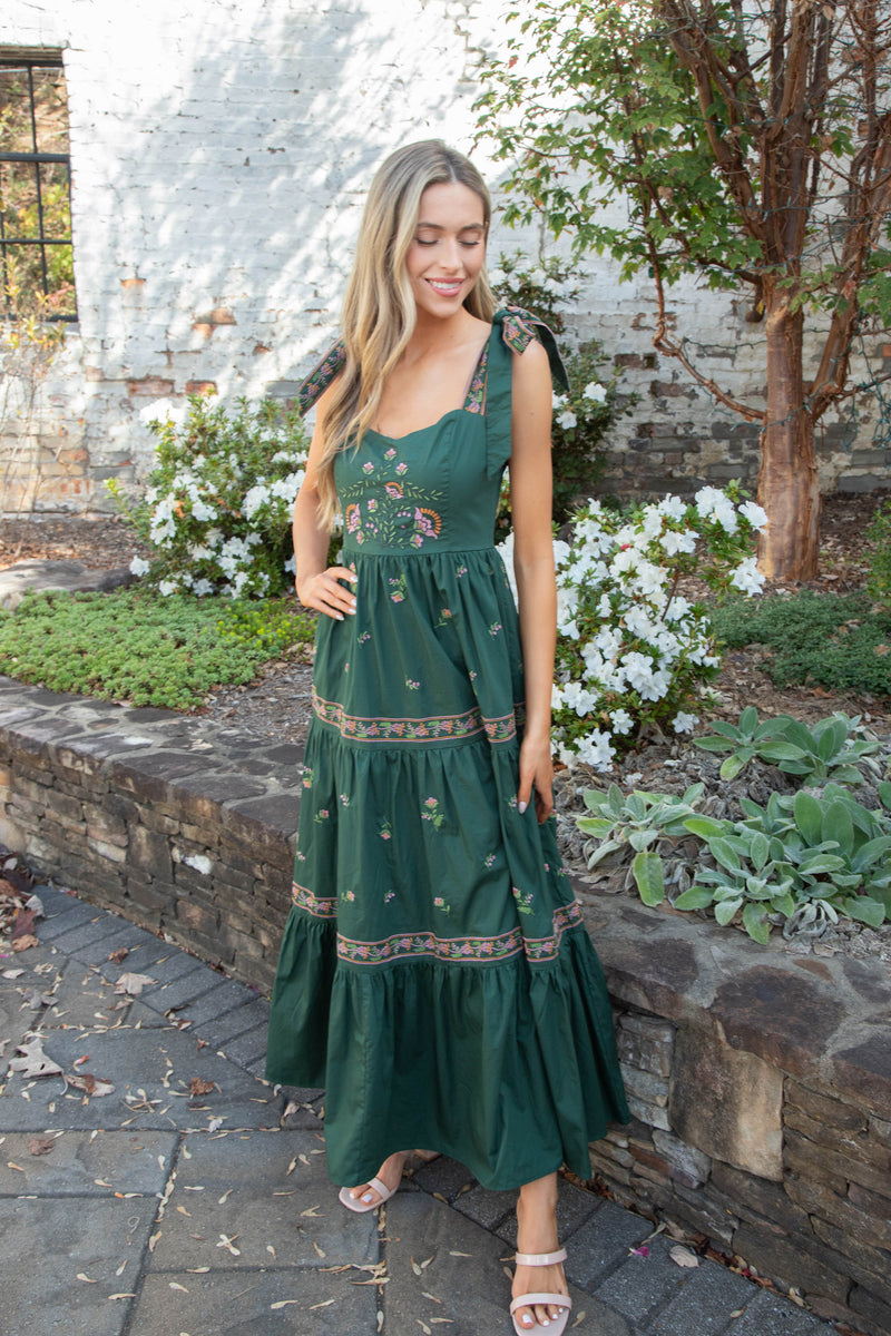 Lakyn Embroidered Maxi Dress, Hunter Green