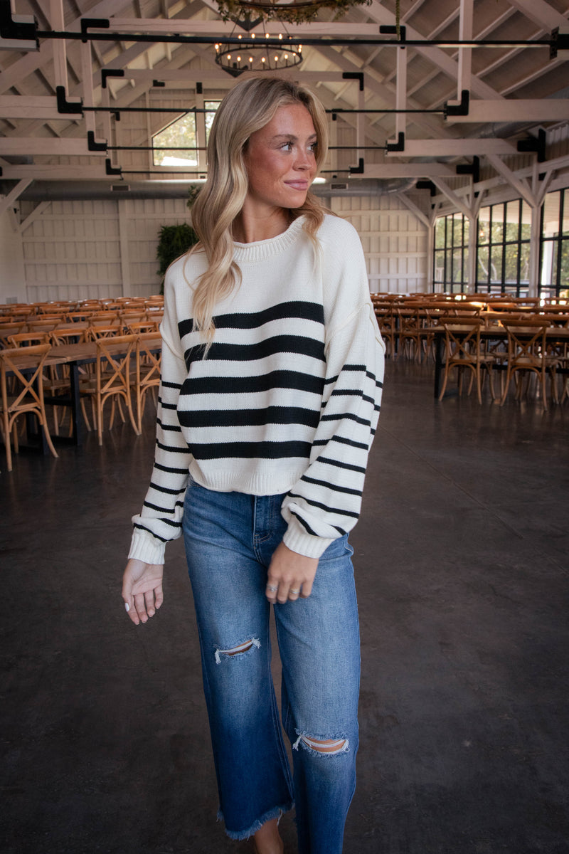 Collins Stripe Roll Neck Sweater, White/Black